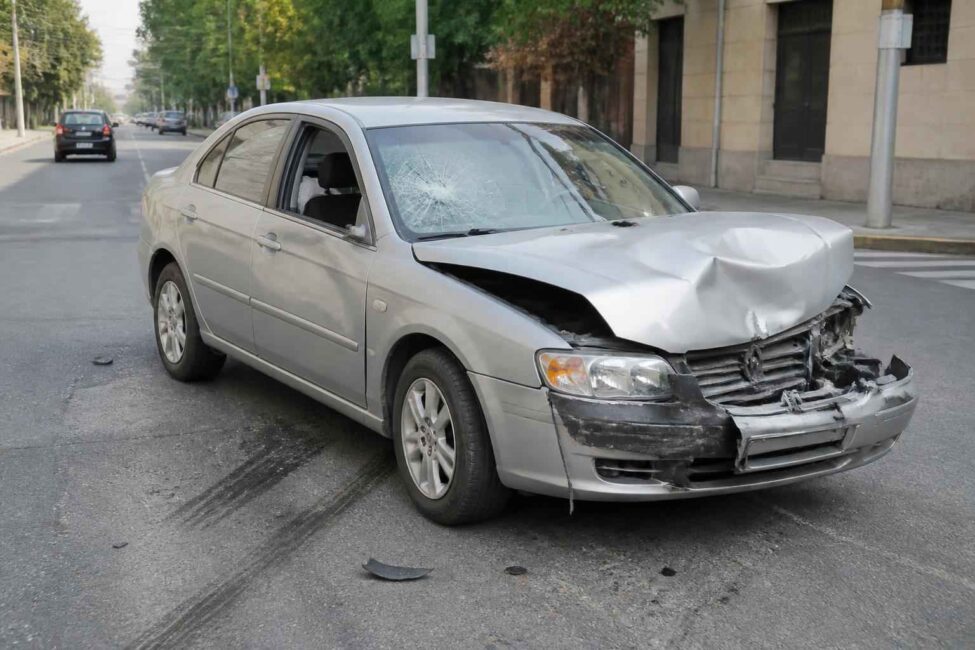 Srebrny sedan z mocno uszkodzoną maską, zderzakiem i szybą stoi na miejskiej ulicy
